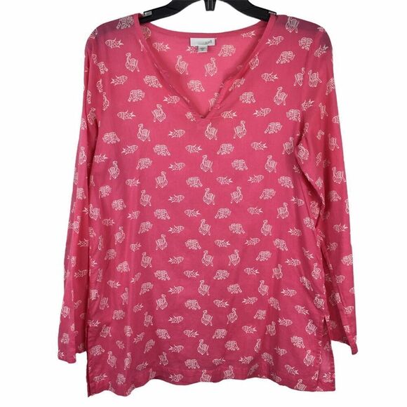 J Jill Pink Cotton Tunic Elephant Fish Print‎ Beachy Oversized Flowy Extra Small - Picture 1 of 10